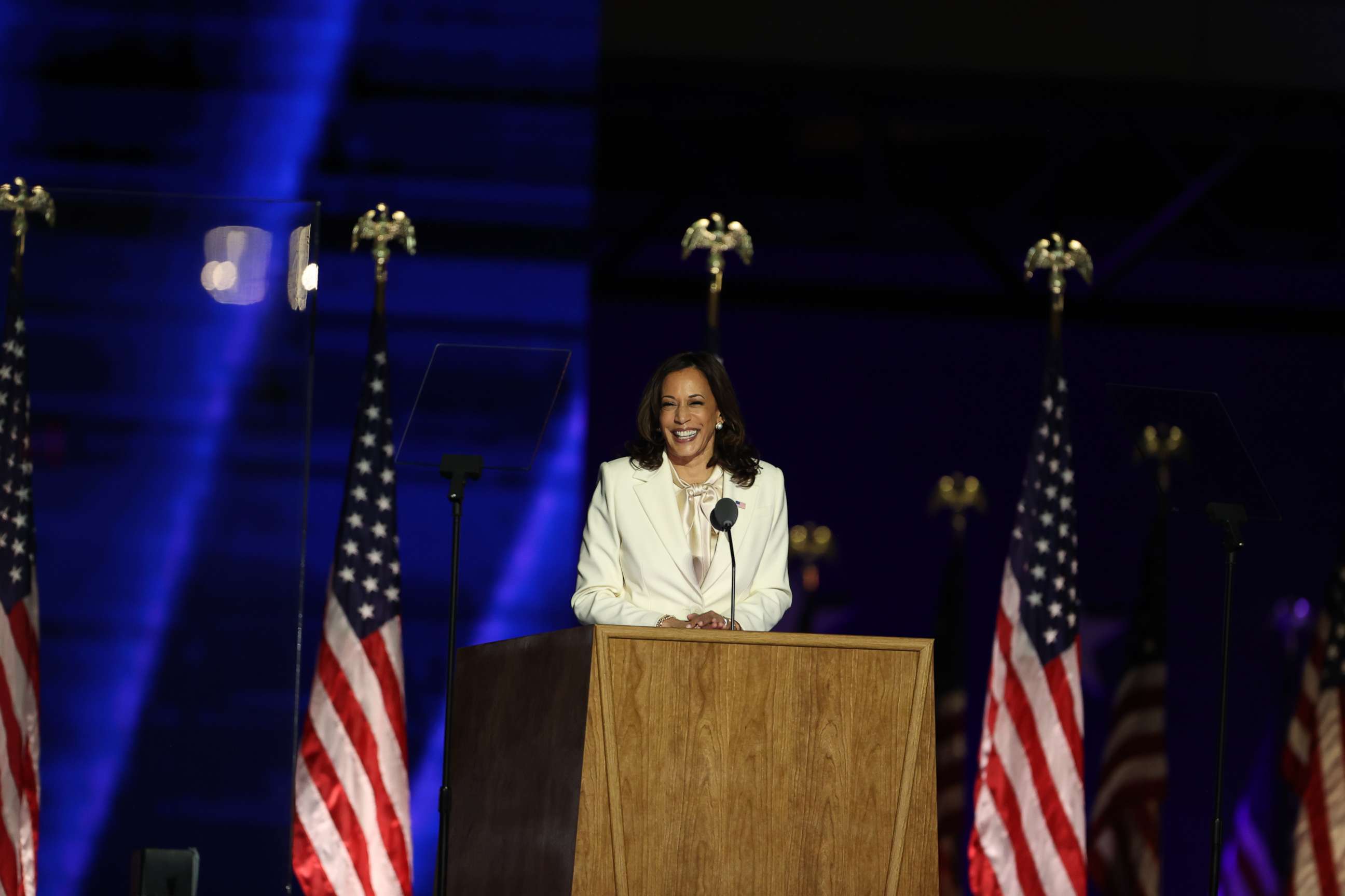 PHOTO: Vice President-elect Kamala Harris addresses the nation from the Chase Center, Nov. 07, 2020, in Wilmington, Del.