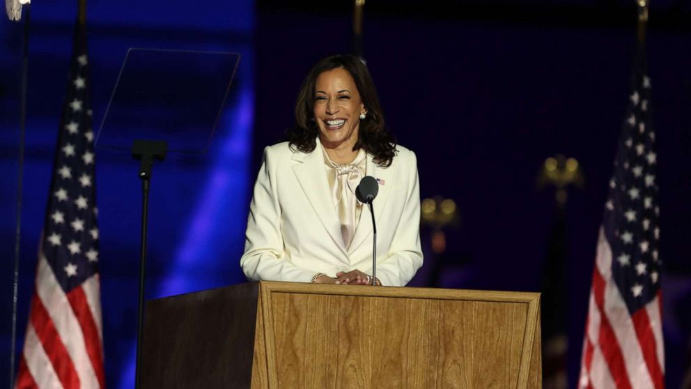 PHOTO: Vice President-elect Kamala Harris addresses the nation from the Chase Center, Nov. 07, 2020, in Wilmington, Del.