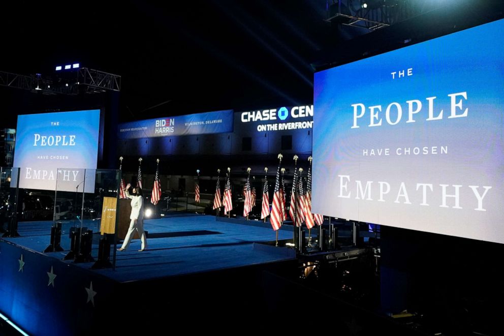 PHOTO: Vice President-elect Kamala Harris arrives to speak Saturday, Nov. 7, 2020, in Wilmington, Del.