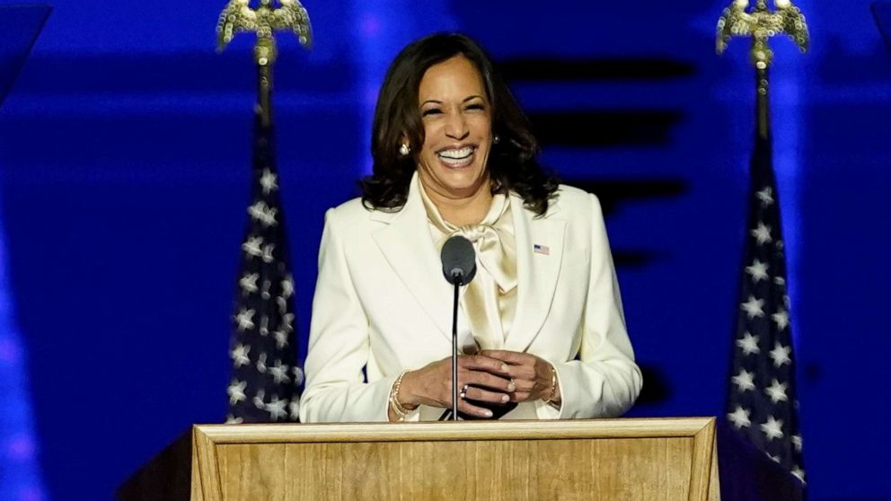 PHOTO: Democratic vice-presidential nominee Kamala Harris smiles as she speaks to supporters at a election rally, after news media announced that Biden has won the presidential election, in Wilmington, Del., Nov. 7, 2020.