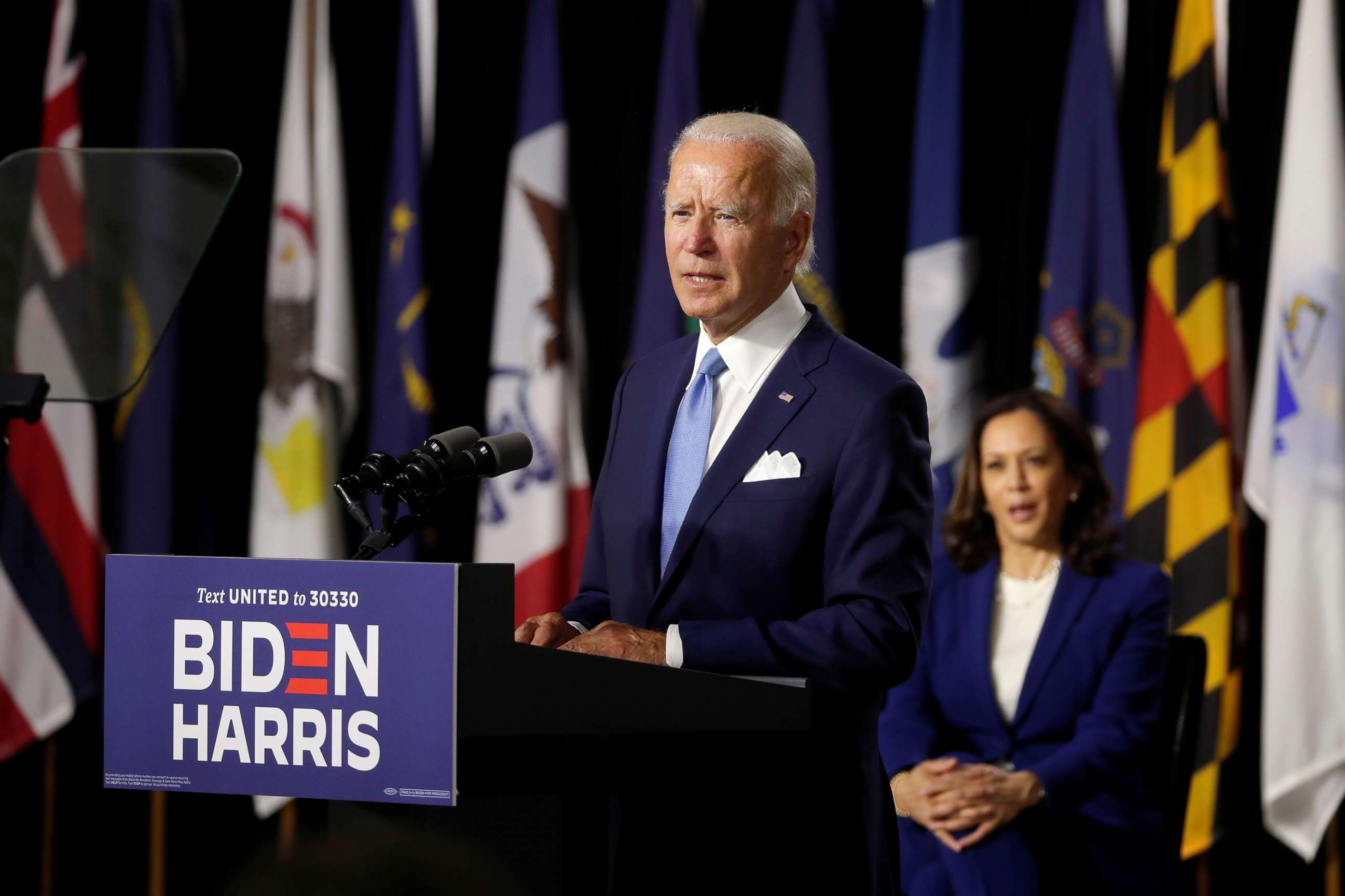PHOTO: Democratic presidential candidate and former Vice President Joe Biden speaks at his first joint appearance with his running mate Senator Kamala Harris, at Alexis Dupont High School in Wilmington, Del., Aug. 12, 2020.