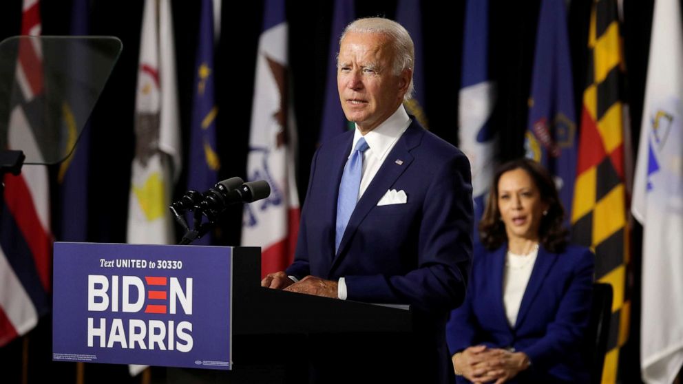 PHOTO: Democratic presidential candidate and former Vice President Joe Biden speaks at his first joint appearance with his running mate Senator Kamala Harris, at Alexis Dupont High School in Wilmington, Del., Aug. 12, 2020.