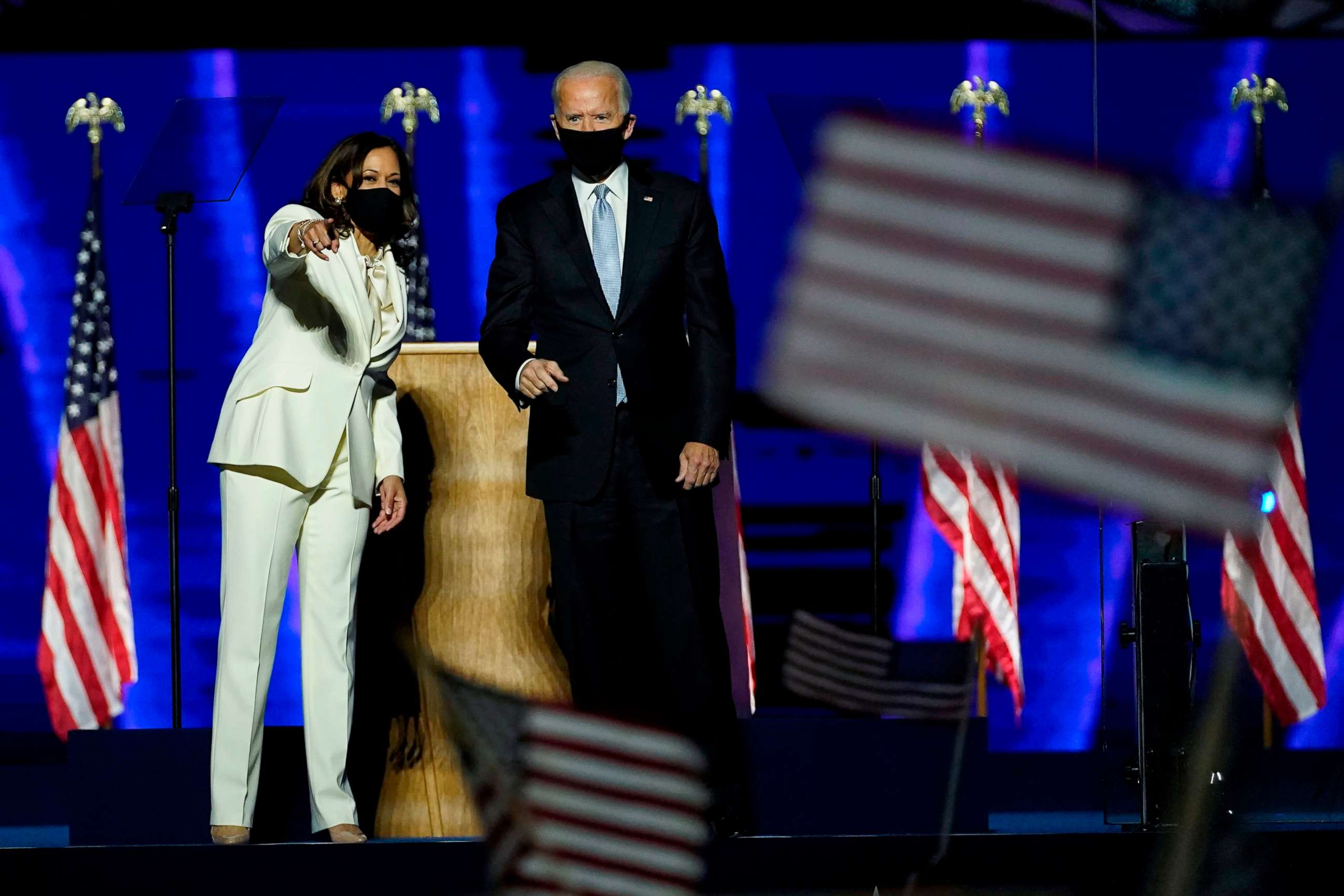 PHOTO: President-elect Joe Biden and Vice President-elect Kamala Harris deliver remarks in Wilmington, Del., Nov. 7, 2020, after being declared the winners of the presidential election by the media.