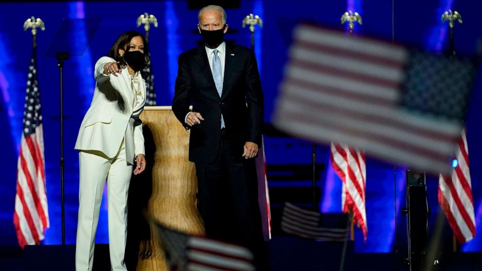 PHOTO: President-elect Joe Biden and Vice President-elect Kamala Harris deliver remarks in Wilmington, Del., Nov. 7, 2020, after being declared the winners of the presidential election by the media.