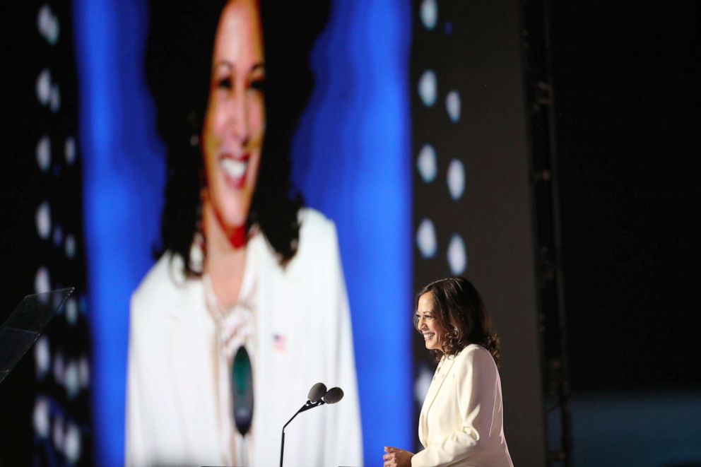 PHOTO: Vice President-elect Kamala Harris speaks on stage at the Chase Center before President-elect Joe Biden's address to the nation, Nov. 07, 2020, in Wilmington, Del.