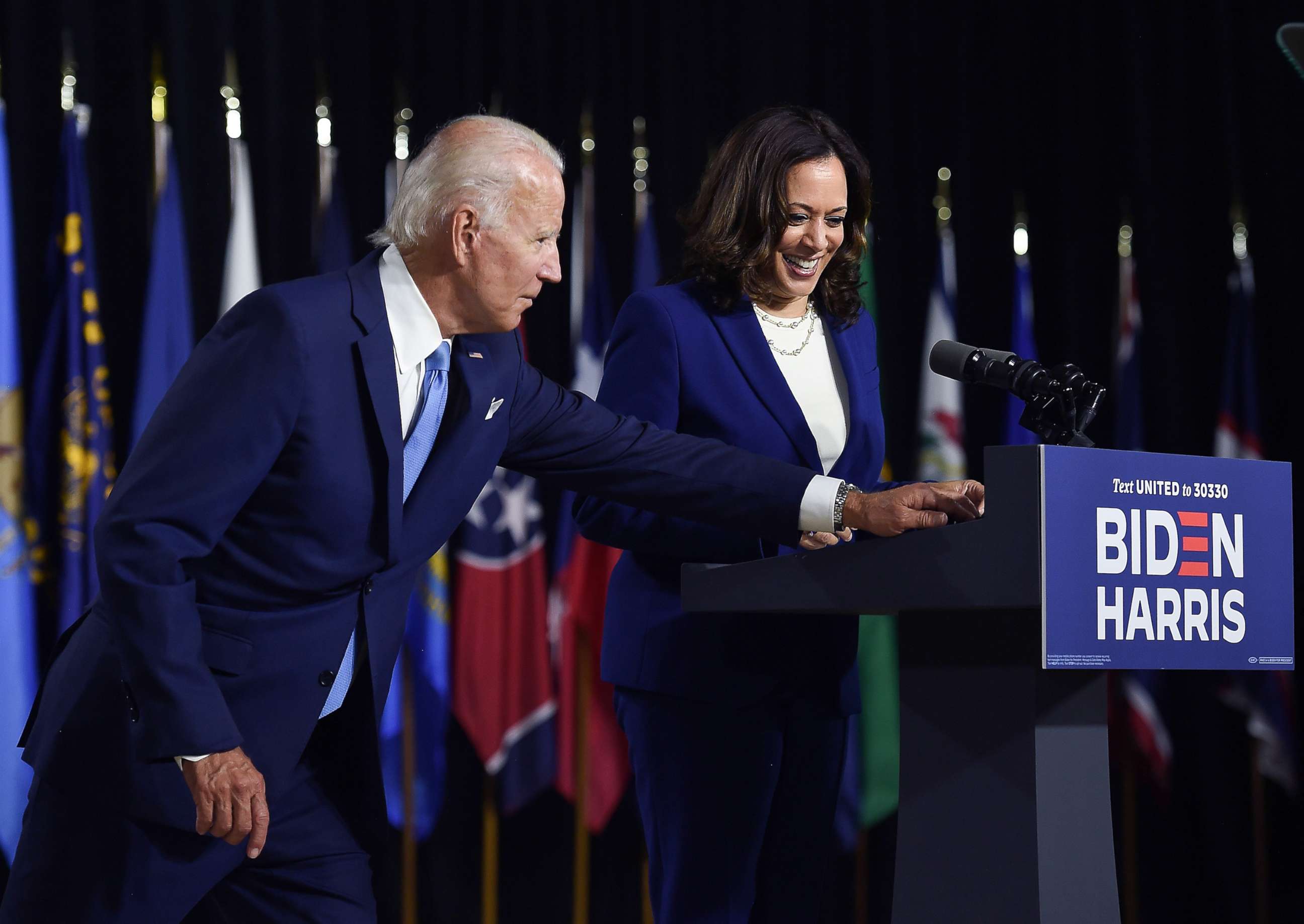 PHOTO: Democratic presidential nominee and former Vice President Joe Biden introduces his vice presidential running mate, Senator Kamala Harris, during their first press conference together in Wilmington, Del., Aug. 12, 2020.