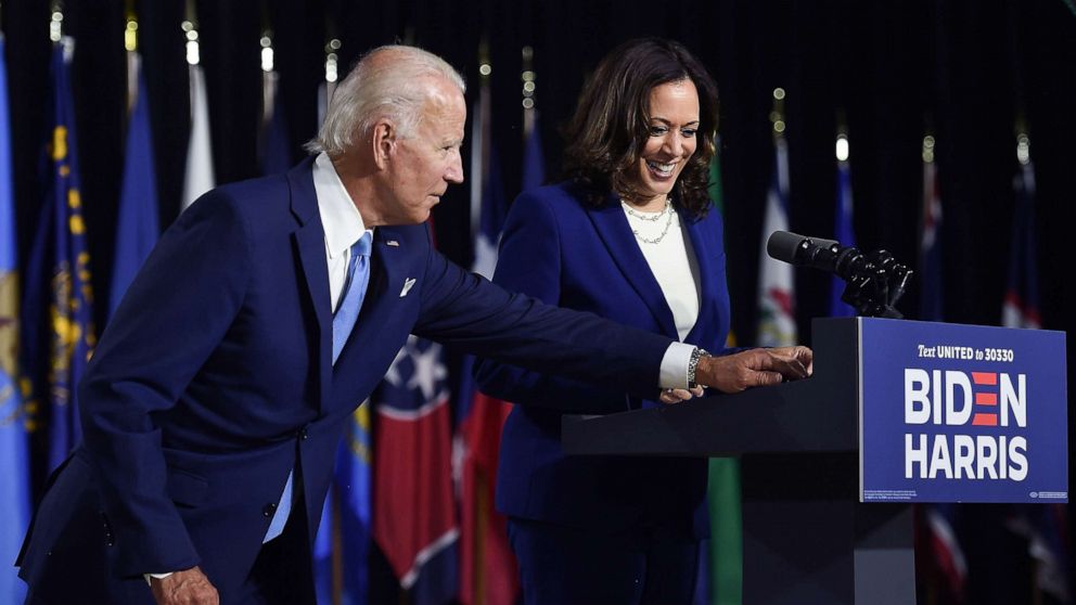 PHOTO: Democratic presidential nominee and former Vice President Joe Biden introduces his vice presidential running mate, Senator Kamala Harris, during their first press conference together in Wilmington, Del., Aug. 12, 2020.