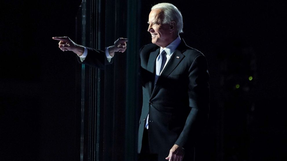 PHOTO: President-elect Joe Biden points a finger at his election rally, after news media announced that he won the presidential election, in Wilmington, Del., Nov. 7, 2020.