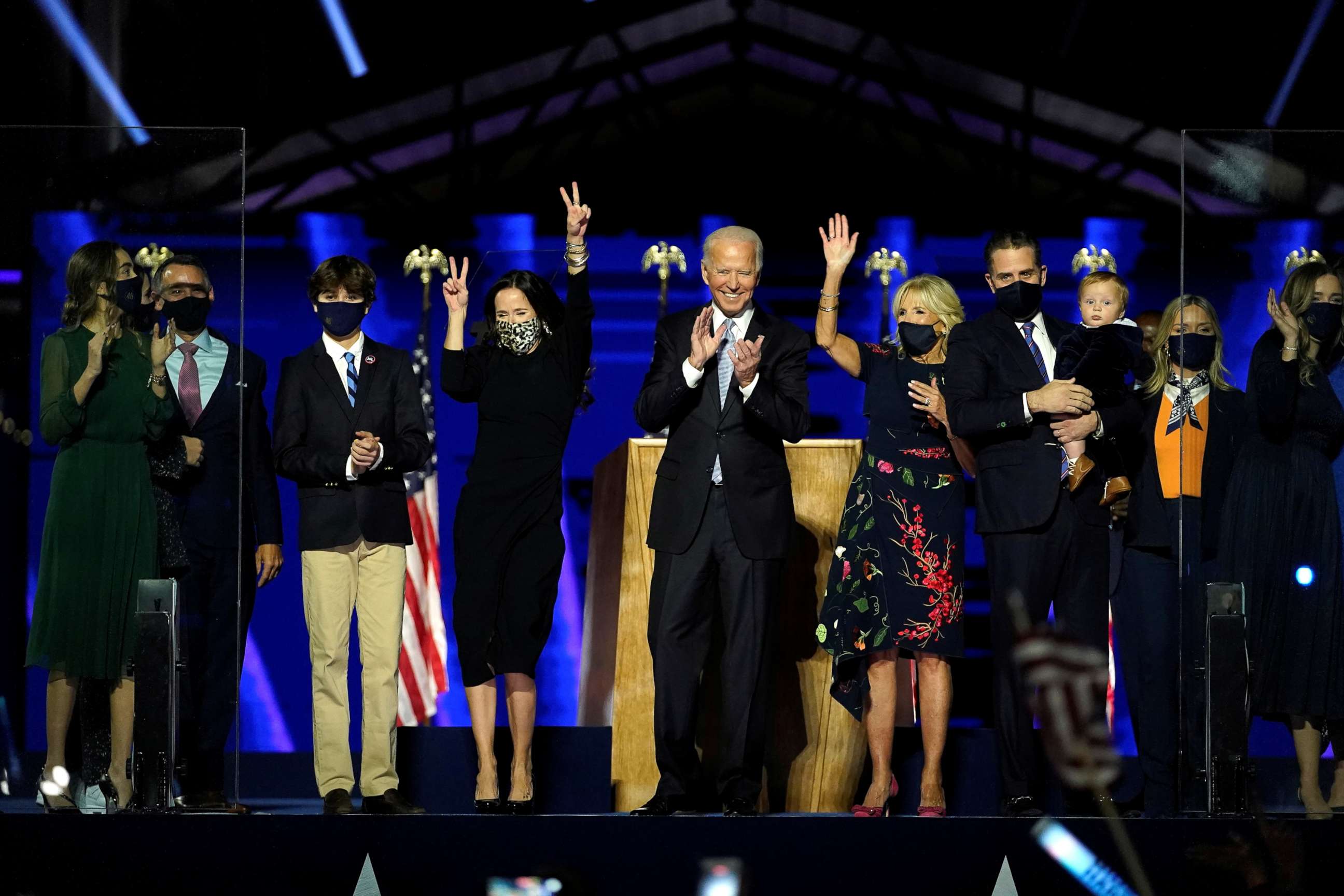 PHOTO: President-elect Joe Biden is accompanied on the stage by his wife Jill, and members of their family, after speaking in Wilmington, Del., Nov. 7, 2020.