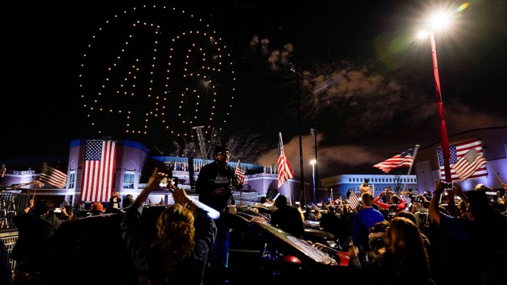 PHOTO: Drones illuminate the sky with the numbers 46 after an event by President-elect Joe Biden, Saturday, Nov. 7, 2020, in Wilmington, Del.