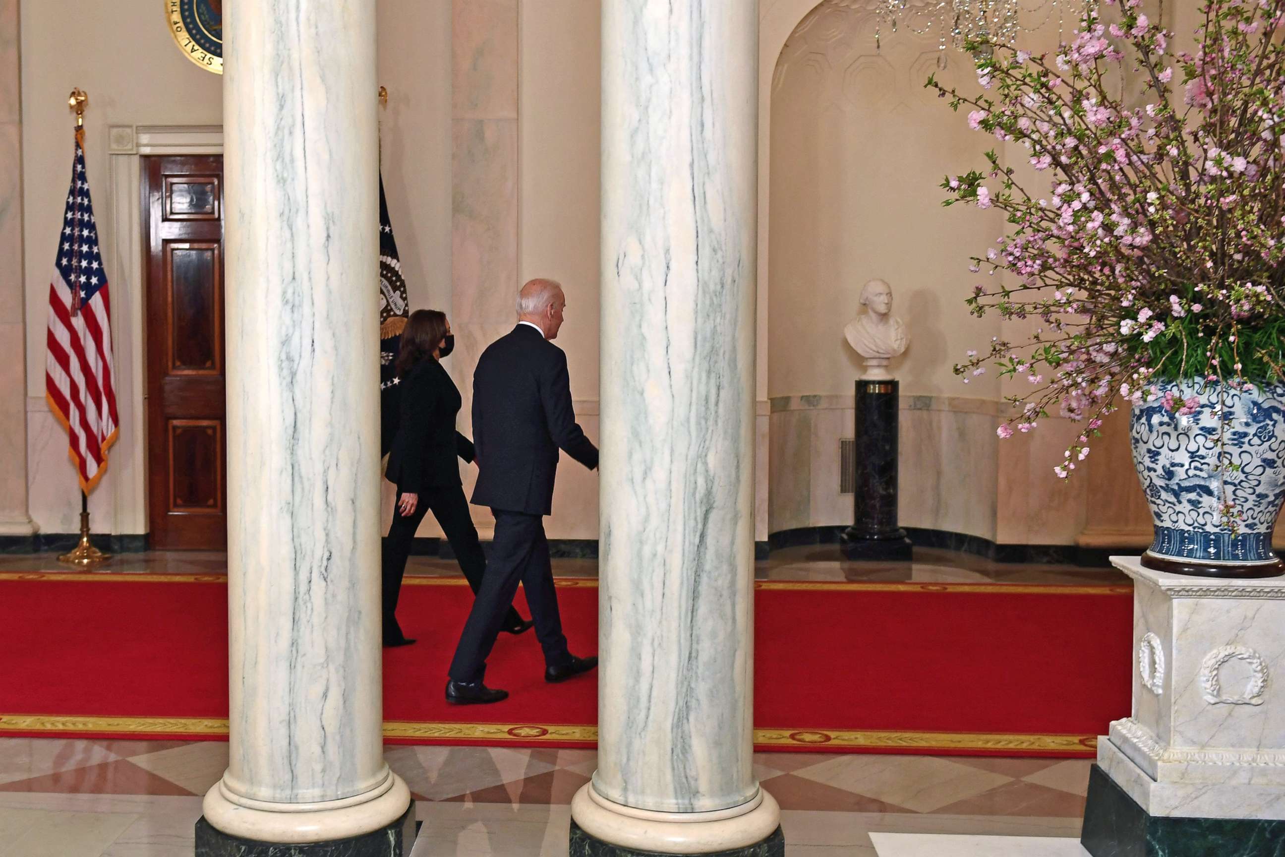 PHOTO: Vice President Kamala Harris and President Joe Biden leave after delivering remarks on the guilty verdict against former policeman Derek Chauvin at the White House, April 20, 2021.