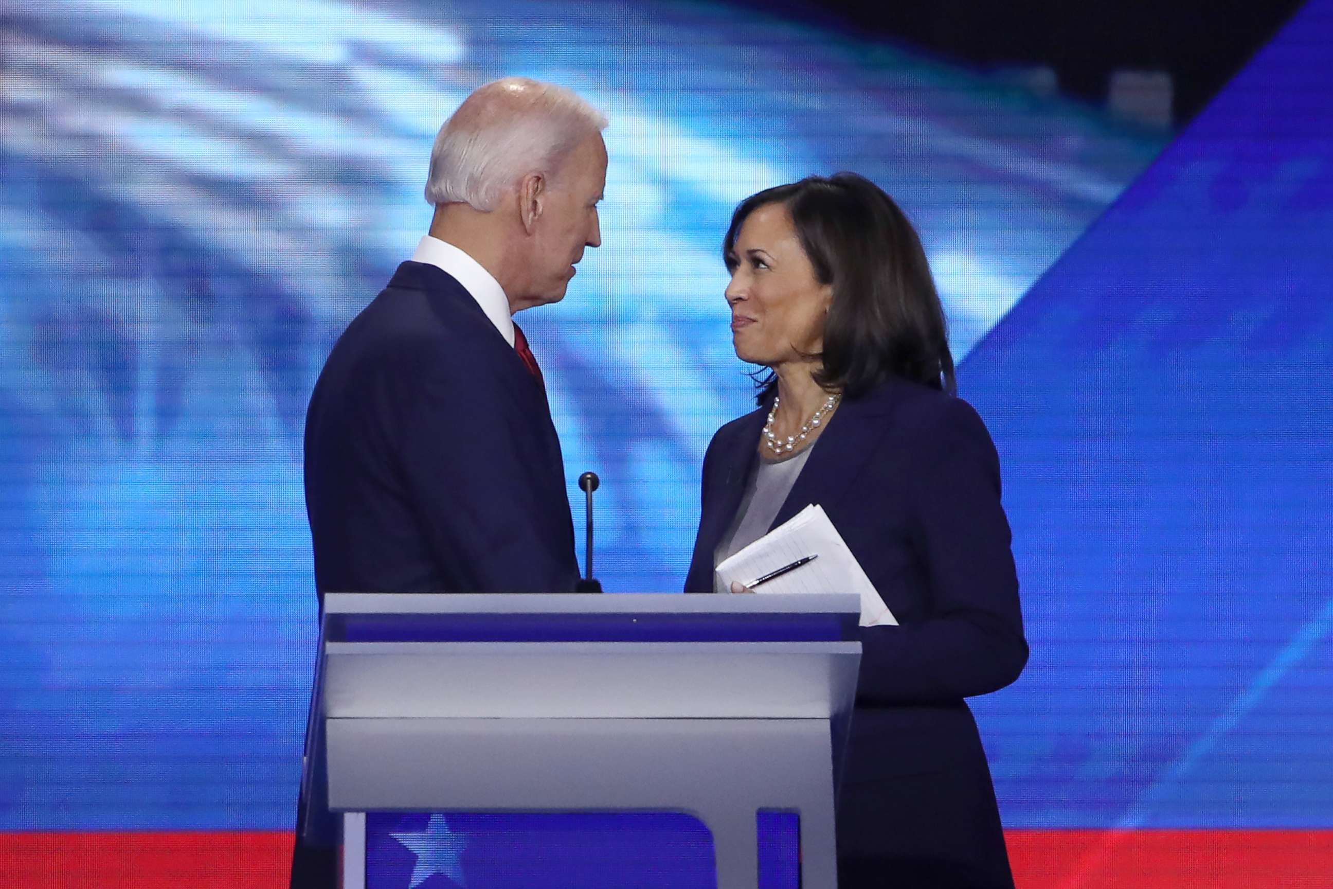 PHOTO: Democratic presidential candidates former Vice President Joe Biden and Sen. Kamala Harris talk after a debate on Sept. 12, 2019 in Houston.