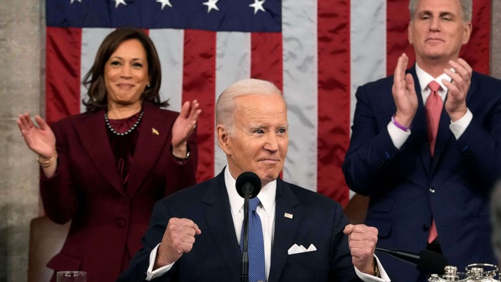 PHOTO: President Joe Biden delivers the State of the Union address to a joint session of Congress at the Capitol, Feb. 7, 2023, in Washington, as Vice President Kamala Harris and House Speaker Kevin McCarthy of Calif., applaud.
