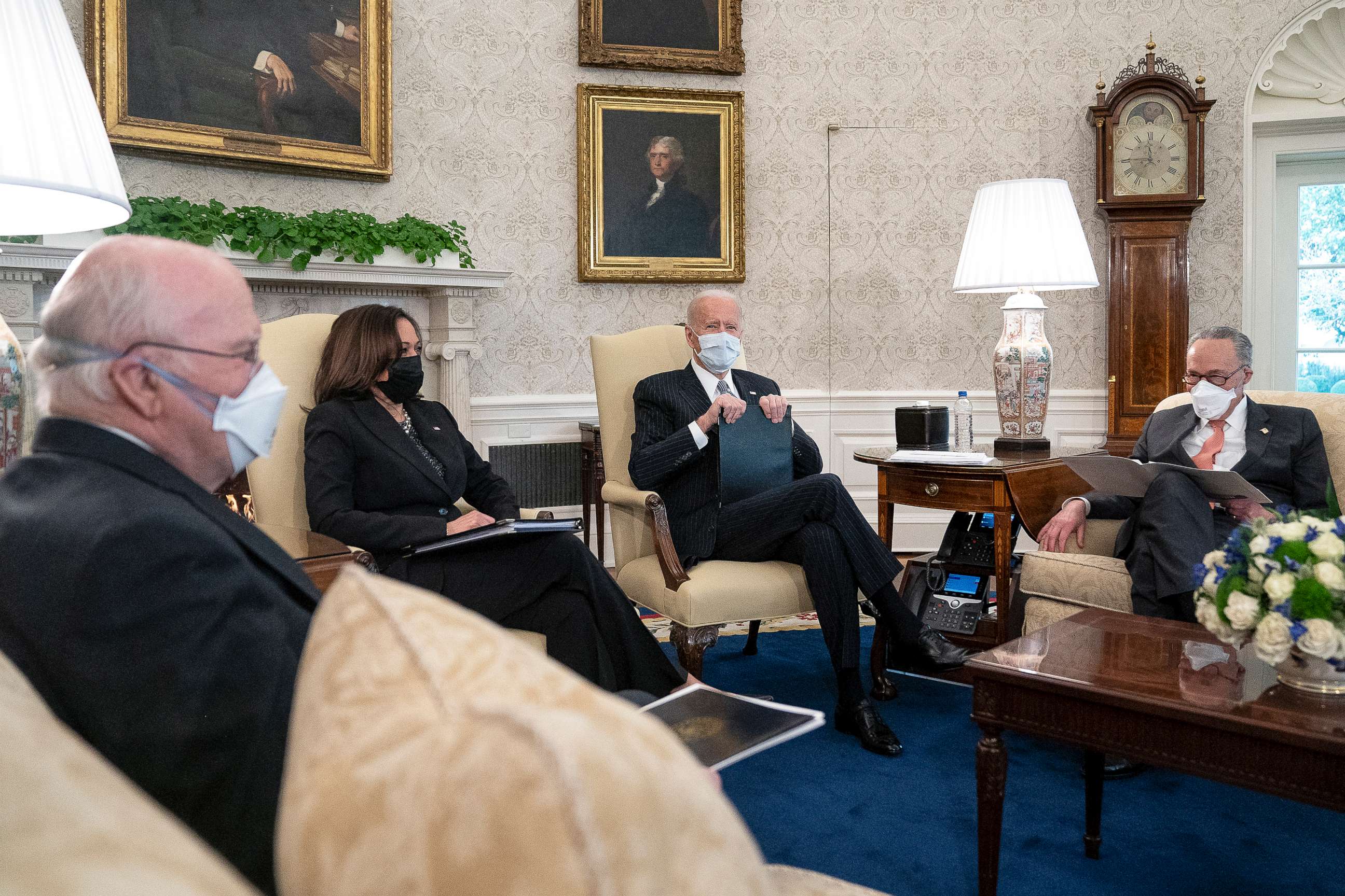 PHOTO: U.S. President Joe Biden (second from right) and Vice President Kamala Harris meet Democratic senators to discuss his $1.9 trillion American Rescue Plan in the Oval Office at the White House in Washington, D.C., on Feb. 3, 2021 in Washington, DC.