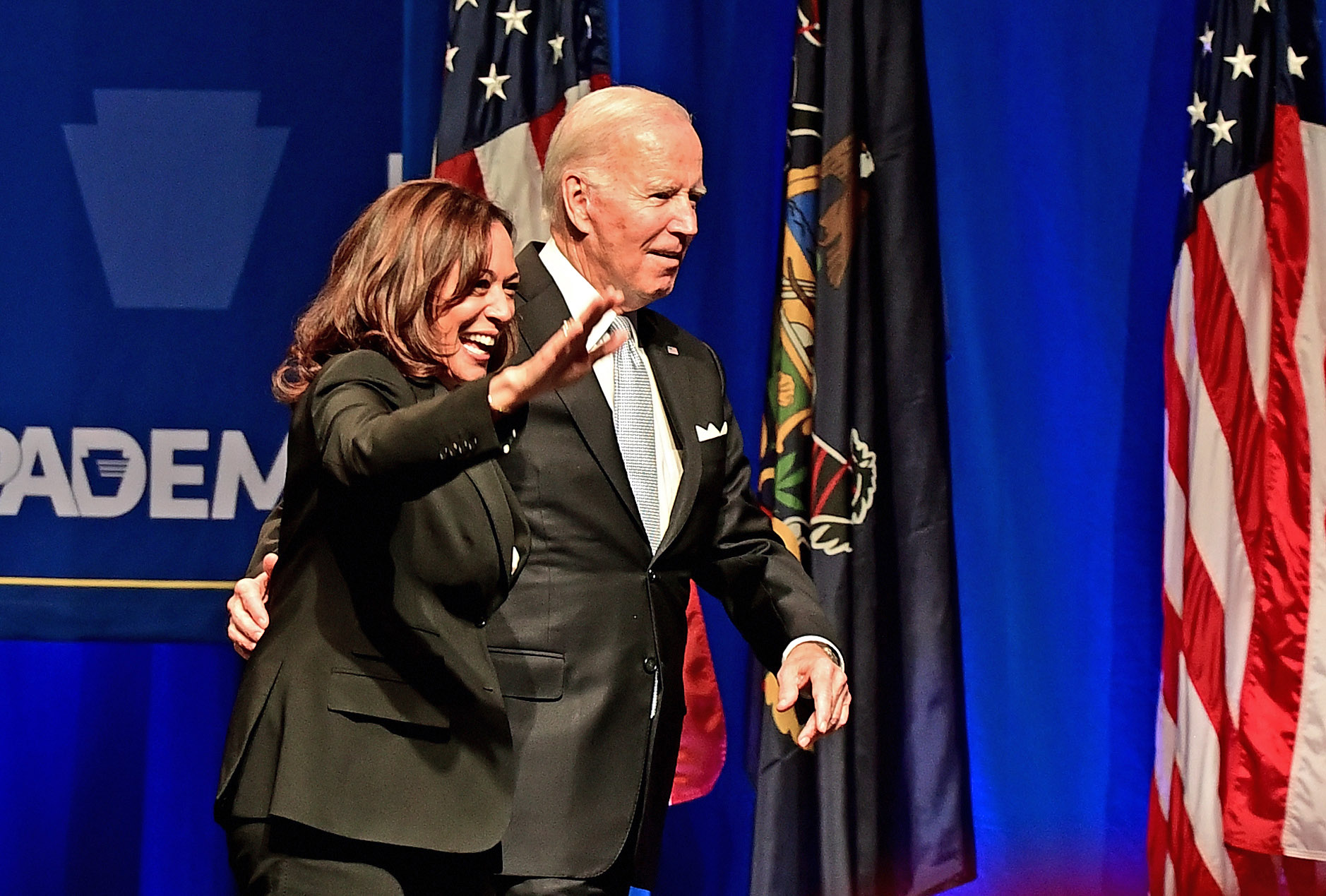 PHOTO: President Joe Biden and Vice President Kamala Harris wave to supporters during the Democratic Party's Independence Dinner on Oct. 28, 2022 in Philadelphia.