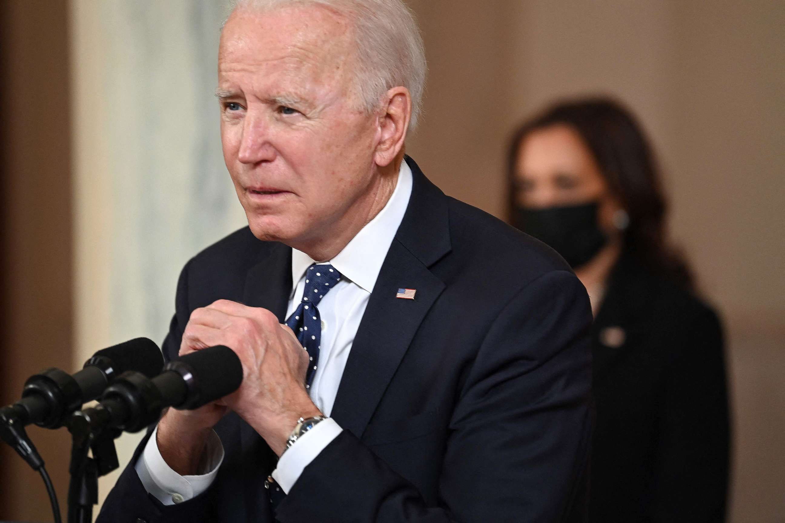 PHOTO: President Joe Biden delivers remarks on the guilty verdict against former policeman Derek Chauvin at the White House, April 20, 2021, with Vice President Kamala Harris.