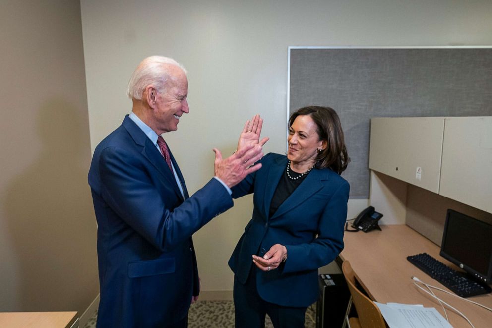 PHOTO: An undated handout photo shows former Vice President and presumptive Democratic candidate for President Joe Biden with Sen. Kamala Harris, after the campaign announced Biden has chosen Harris as his vice presidential running mate, Aug. 11, 2020.