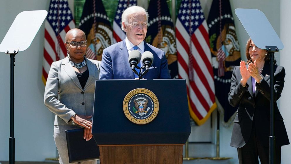 PHOTO: Vice President Kamala Harris applauds as President Joe Biden speaks at an event on lowering the cost of high-speed internet in the Rose Garden of the White House, May 9, 2022, in Washington.