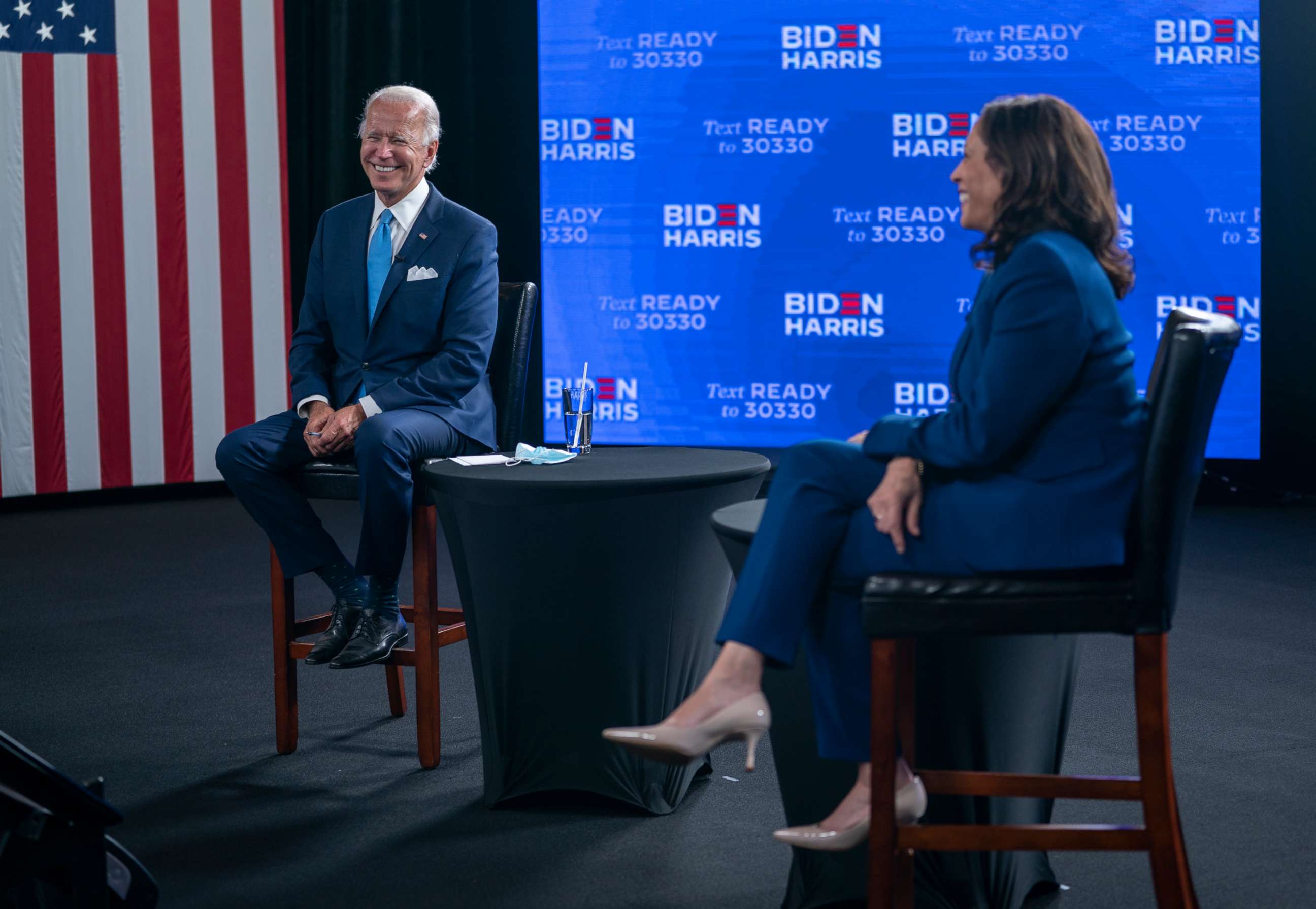 PHOTO: In this Aug. 12, 2020, file photo Democratic presidential candidate former Vice President Joe Biden and his running mate Sen. Kamala Harris, D-Calif., participate in a virtual grassroots fundraiser at the Hotel DuPont in Wilmington, Del. 