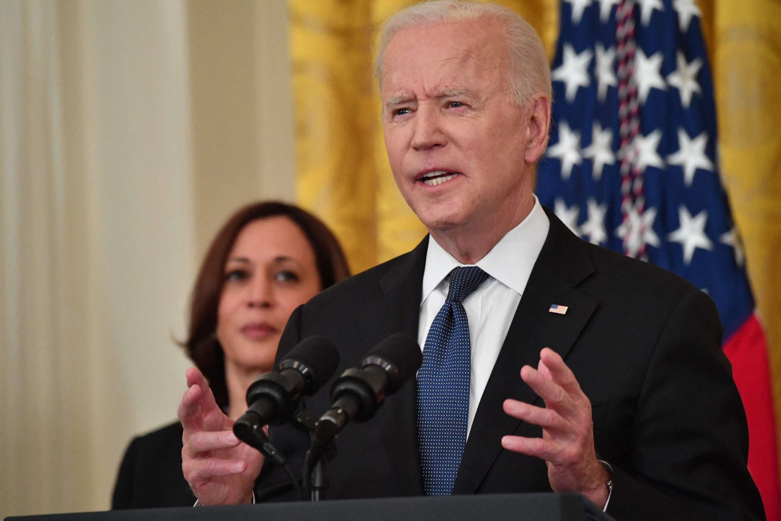 PHOTO: Vice President Kamala Harris looks on as President Joe Biden speaks before signing the COVID-19 Hate Crimes Act, in the East Room of the White House in Washington, D.C., on May 20, 2021.