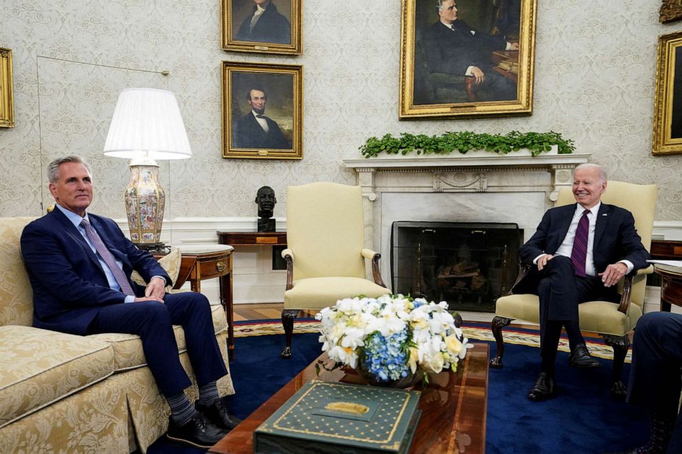 PHOTO: FILE - President Joe Biden hosts debt limit talks with House Speaker Kevin McCarthy and other Congressional leaders in the Oval Office at the White House in Washington, May 9, 2023.