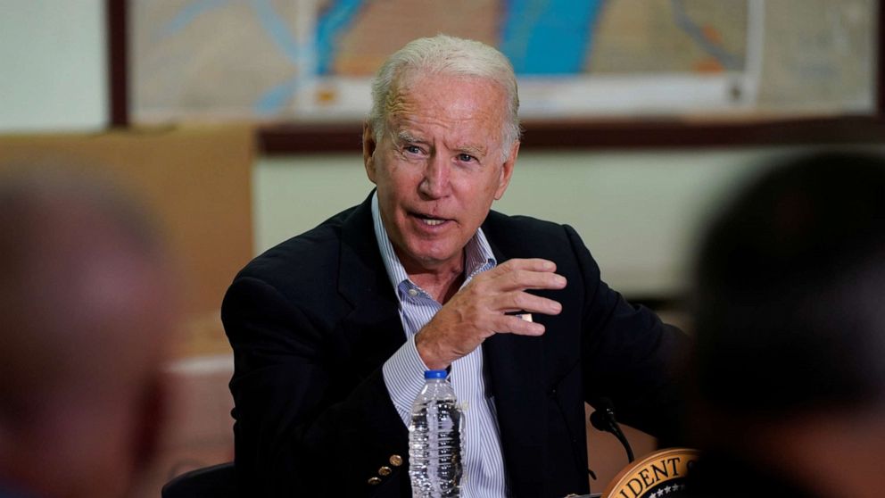 PHOTO: President Joe Biden speaks during a briefing by local leaders on the impact of the remnants of Tropical Storm Ida at Somerset County Emergency Management Training Center in Hillsborough Township, New Jersey, Sept. 7, 2021.