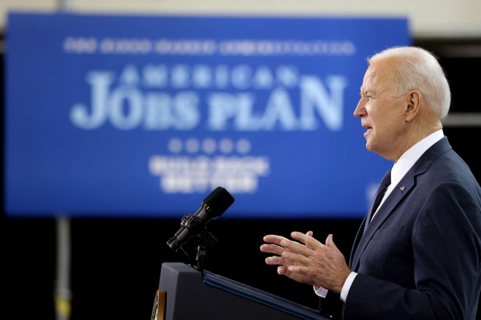 PHOTO: President Joe Biden speaks about his $2 trillion infrastructure plan during an event to tout the plan at Carpenters Pittsburgh Training Center in Pittsburgh, Pennsylvania, March 31, 2021.