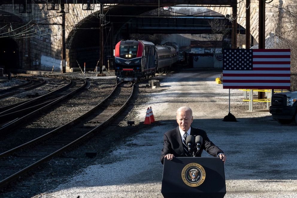 PHOTO: President Joe Biden speaks at the Baltimore and Potomac (B&P) Tunnel North Portal on January 30, 2023 in Baltimore, Maryland.