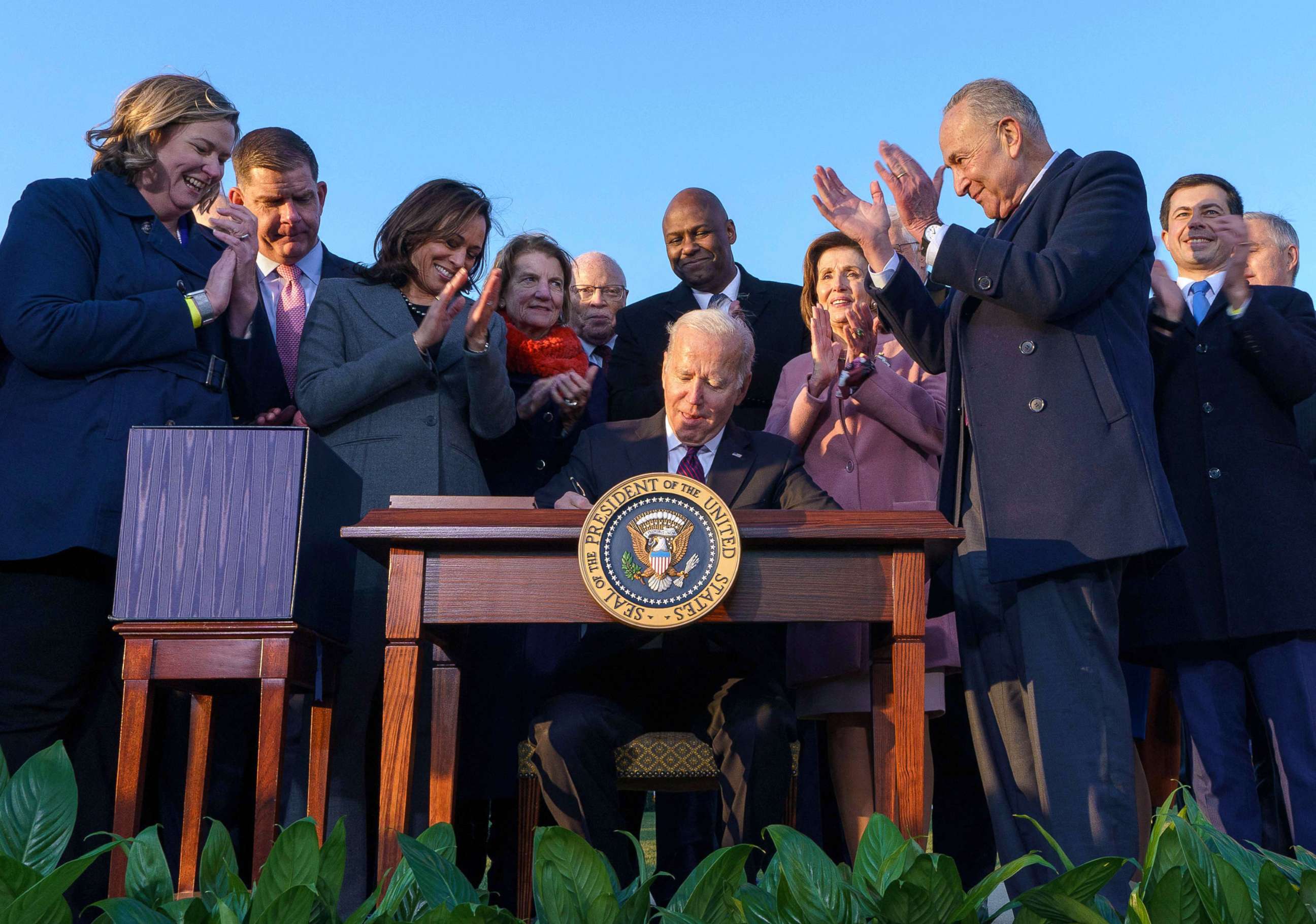 PHOTO: President Joe Biden takes part in a signing ceremony for H.R. 3684, the Infrastructure Investment and Jobs Act on the South Lawn of the White House,  Nov. 15, 2021.