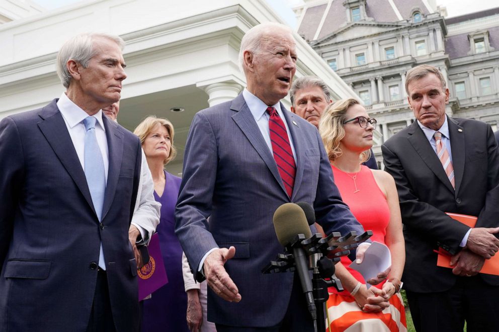 PHOTO: President Joe Biden, with a bipartisan group of senators, speaks Thursday, June 24, 2021, outside the White House in Washington. Biden invited members of the group of 21 Republican and Democratic senators to discuss the infrastructure plan.