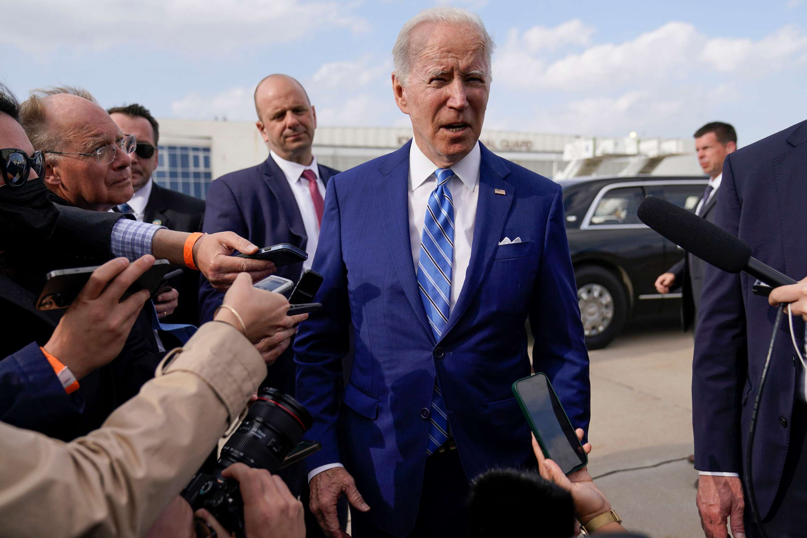 PHOTO: President Joe Biden speaks to reporters before boarding Air Force One at Des Moines International Airport, in Des Moines, Iowa, on April 12, 2022, en route to Washington, D.C.