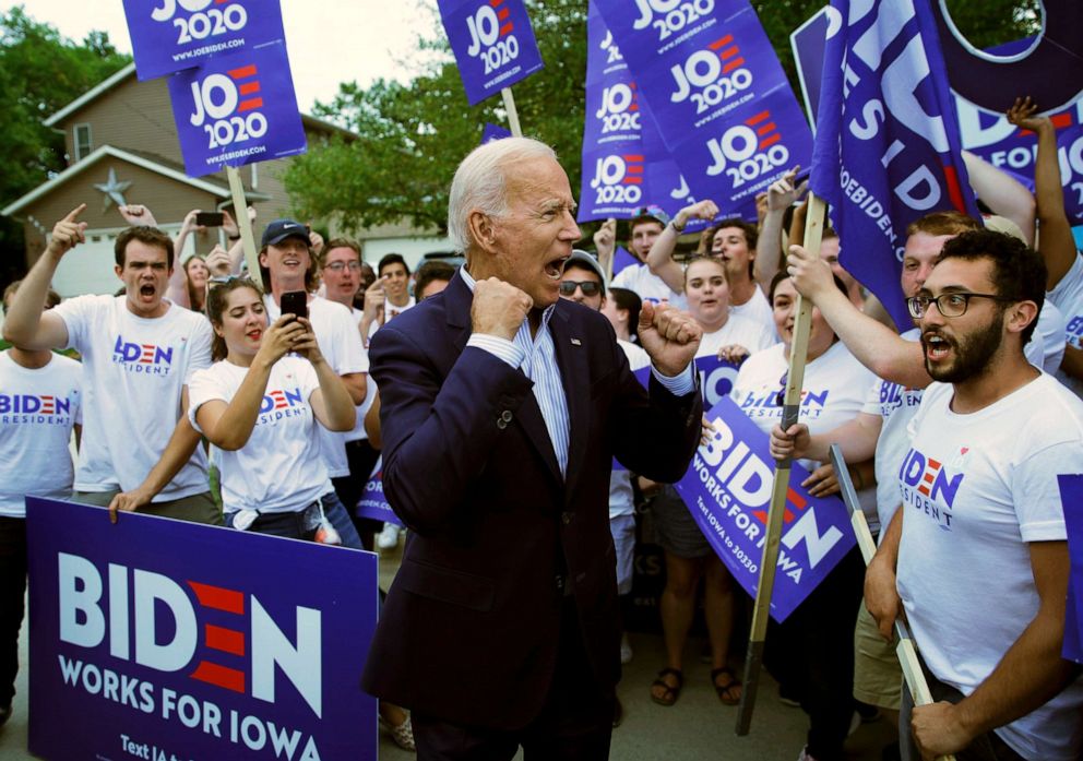 PHOTO: Former Vice President and Democratic presidential candidate Joe Biden meets with supporters before speaking at the Iowa Democratic Wing Ding at the Surf Ballroom in Clear Lake, Iowa, Aug. 9, 2019. 