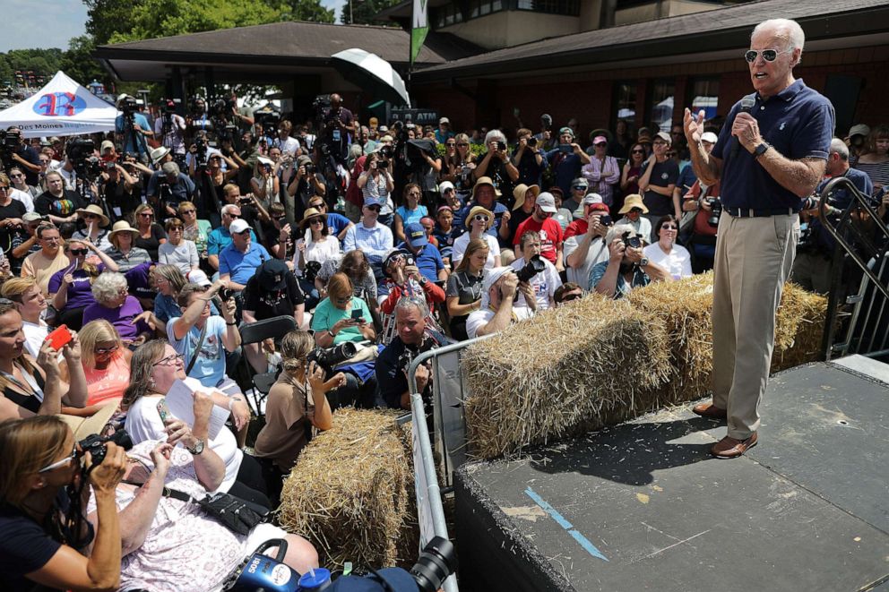 PHOTO: Democratic presidential candidate and former Vice President Joe Biden delivers a 20-minute campaign speech at the Des Moines Register Political Soapbox at the Iowa State Fair August 08, 2019, in Des Moines, Iowa.