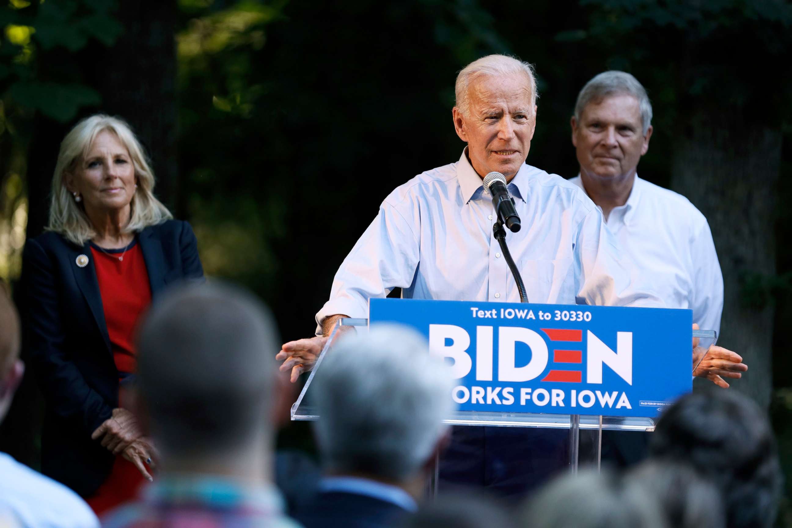 PHOTO: Former Vice President and Democratic presidential candidate Joe Biden speaks during a house party at former Agriculture Secretary Tom Vilsack's house, July 15, 2019, in Waukee, Iowa.