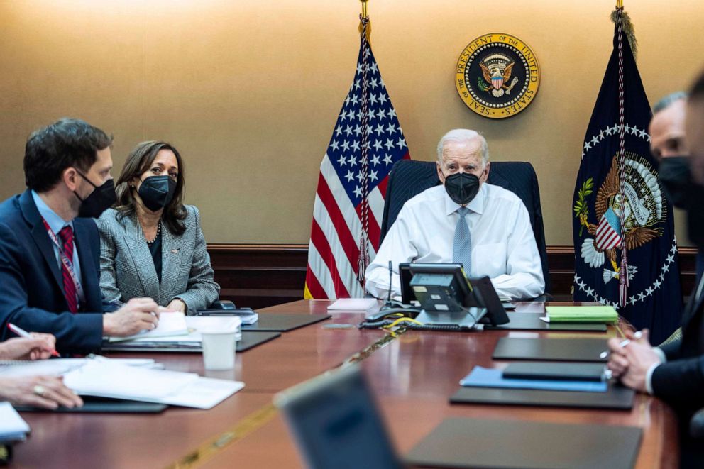 PHOTO: President Biden, Vice President Harris and members of the President’s national security team observe the counterterrorism operation in Syria that they say killed the leader of ISIS from the Situation Room at the White House, Feb. 3, 2022.