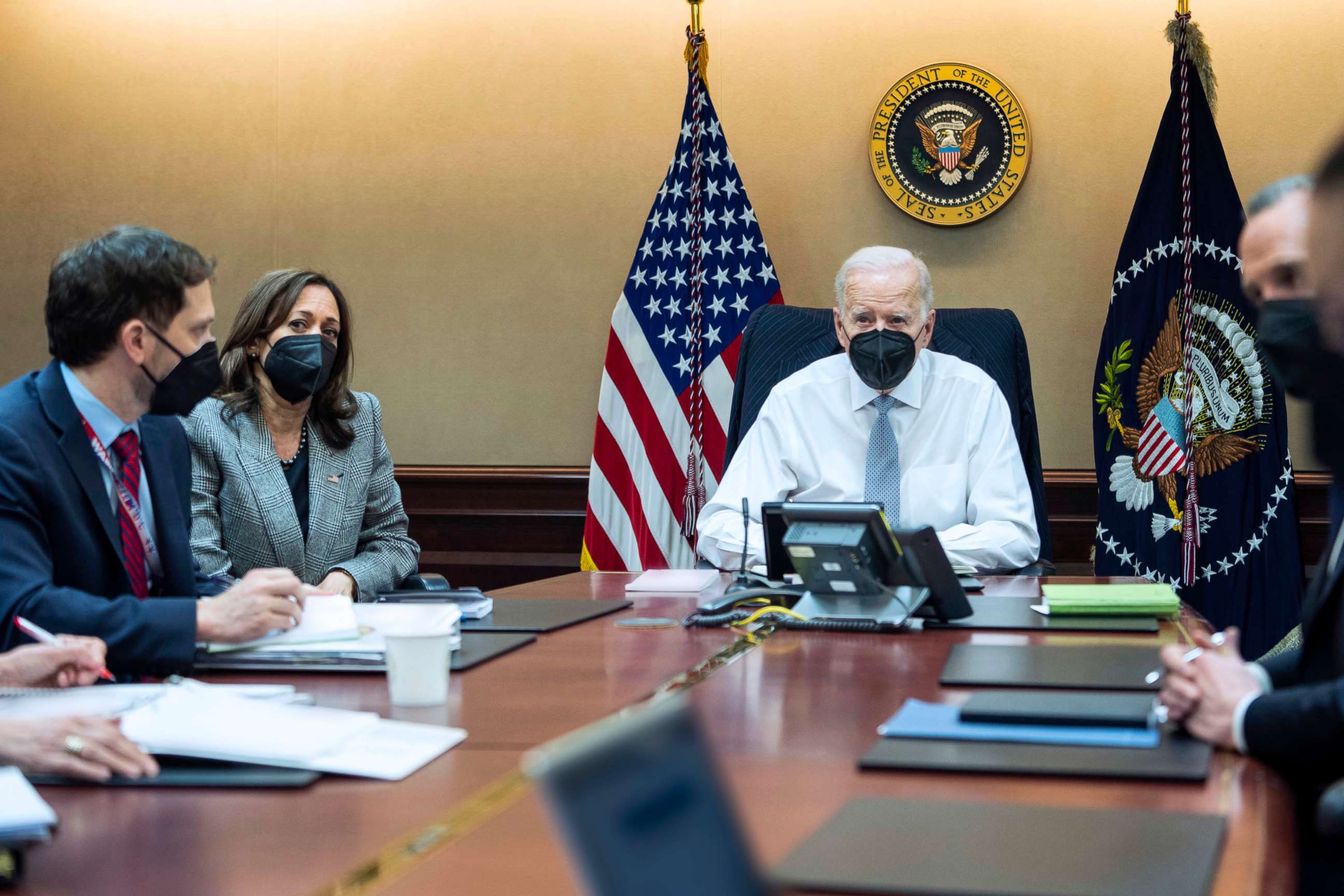 PHOTO: President Biden, Vice President Harris and members of the President's national security team observe the counterterrorism operation in Syria that they say killed the leader of ISIS from the Situation Room at the White House, Feb. 3, 2022.
