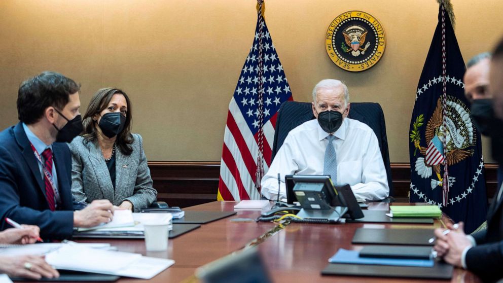 PHOTO: President Biden, Vice President Harris and members of the President's national security team observe the counterterrorism operation in Syria that they say killed the leader of ISIS from the Situation Room at the White House, Feb. 3, 2022.