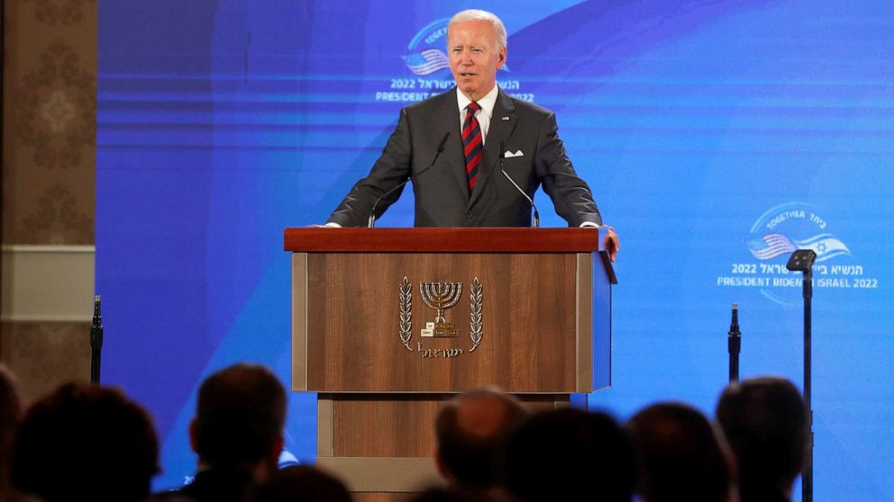 PHOTO: President Joe Biden speaks during a news conference with Israeli Prime Minister Yair Lapid at Waldorf Astoria Hotel in Jerusalem, Israel July 14, 2022.