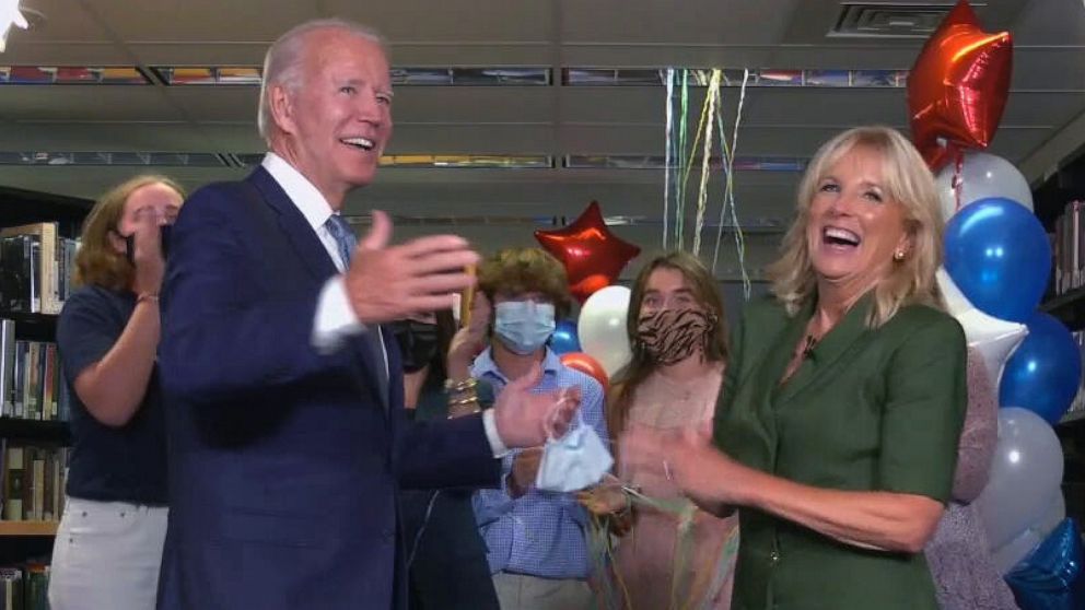 PHOTO: Presumptive Democratic presidential nominee former Vice President Joe Biden and his wife, Dr. Jill Biden, celebrate with supporters after the roll call on the second day of the virtual Democratic National Convention, Aug. 18, 2020. 