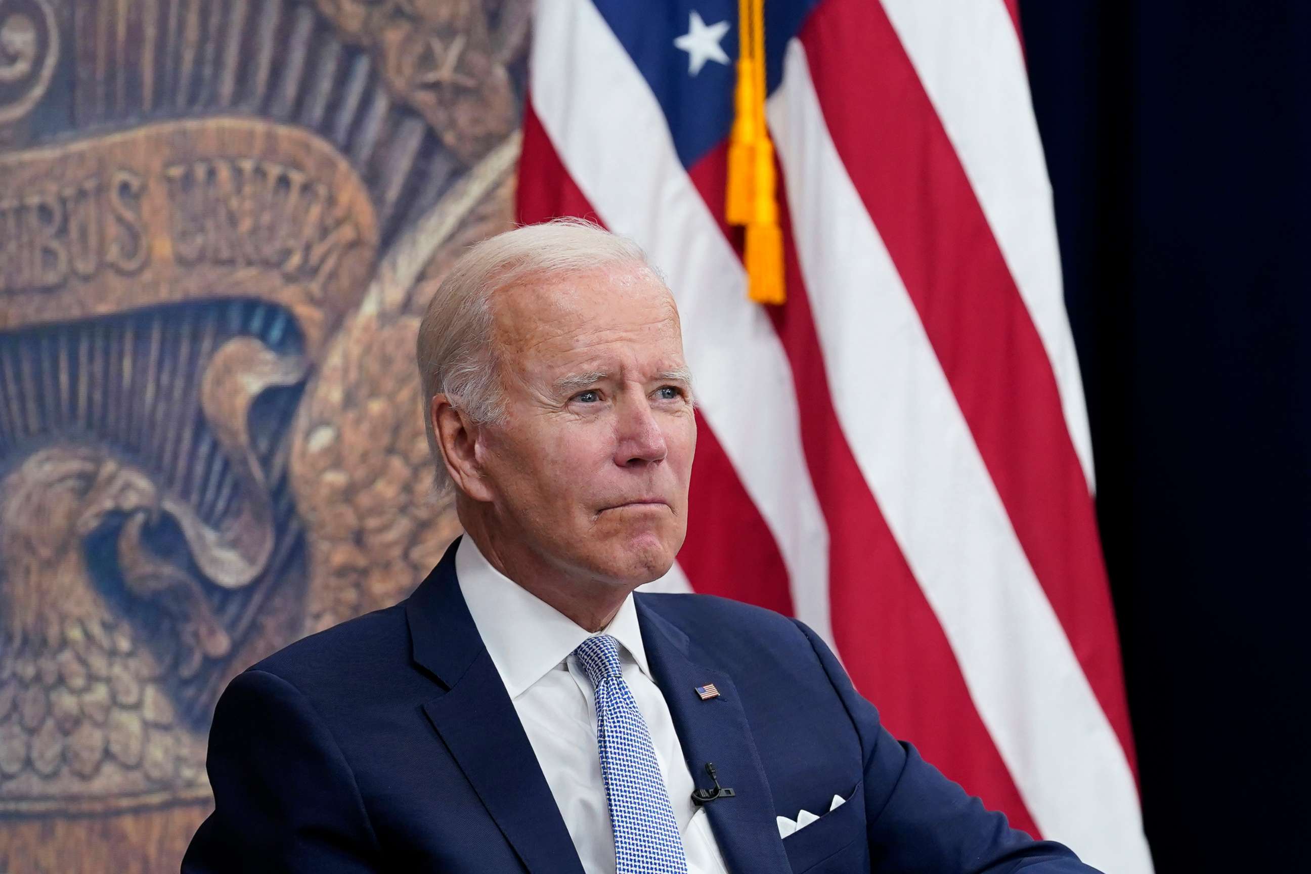 PHOTO: In this July 28, 2022, file photo, President Joe Biden listens during a meeting with CEOs in the South Court Auditorium on the White House complex in Washington, D.C.