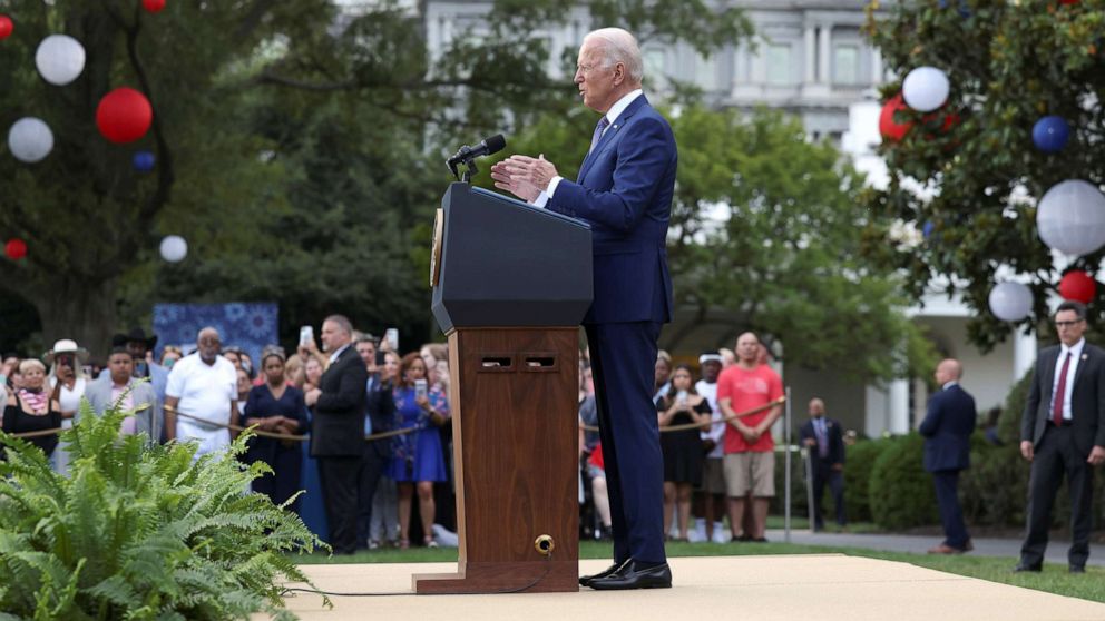 PHOTO: President Joe Biden delivers remarks at a celebration of Independence Day at the White House in Washington, D.C., July 4, 2021.