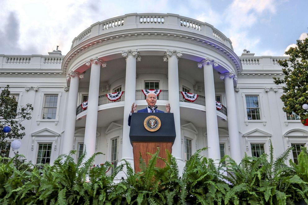 PHOTO: President Joe Biden delivers remarks at a celebration of Independence Day at the White House in Washington, D.C., July 4, 2021.