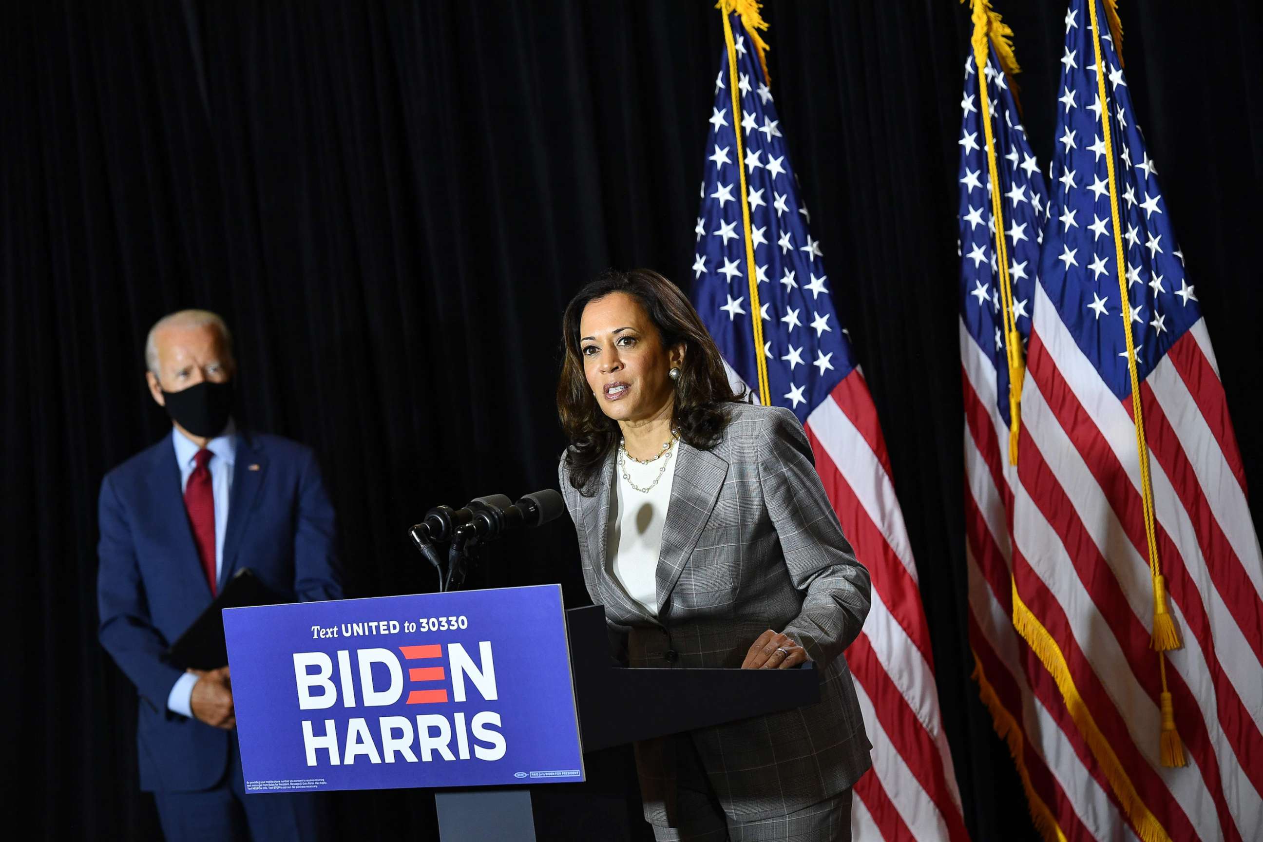 PHOTO: Democratic presidential nominee, former Vice President Joe Biden (L), and vice presidential running mate, Senator Kamala Harris, hold a press conference after receiving a briefing on COVID-19 in Wilmington, Del., Aug. 13, 2020.