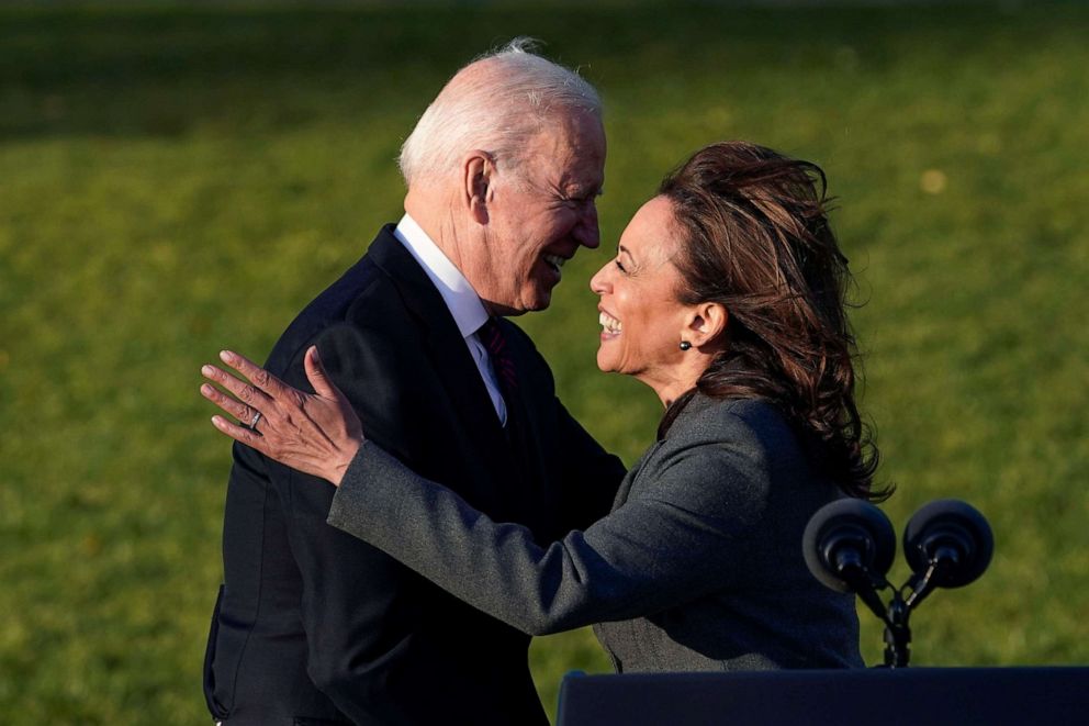 PHOTO: President Joe Biden hugs Vice President Kamala Harris before signing the $1.2 trillion bipartisan infrastructure bill into law during a ceremony on the South Lawn of the White House, Nov. 15, 2021.