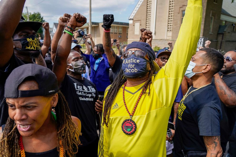 PHOTO: Justin Blake, uncle of Jacob Blake, protests outside the Grace Lutheran Church where Democratic presidential candidate former Vice President Joe Biden is scheduled to hold an event, Sept. 3, 2020, in Kenosha, Wis.