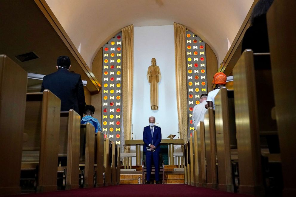 PHOTO: Democratic presidential candidate former Vice President Joe Biden bows his head in prayer at Grace Lutheran Church in Kenosha, Wis., Sept. 3, 2020.