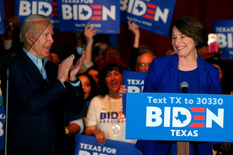 PHOTO: In this March 2, 2020 file photo, Sen. Amy Klobuchar, D-Minn., endorses Democratic presidential candidate former Vice President Joe Biden at a campaign rally Monday, March 2, 2020 in Dallas. 