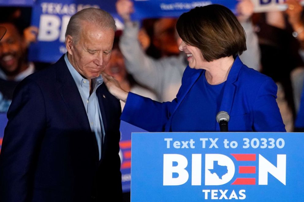 PHOTO: Former Democratic 2020 presidential candidate Amy Klobuchar endorses former Vice President Joe Biden's campaign for president during a campaign event in Dallas, Texas, March 2, 2020.