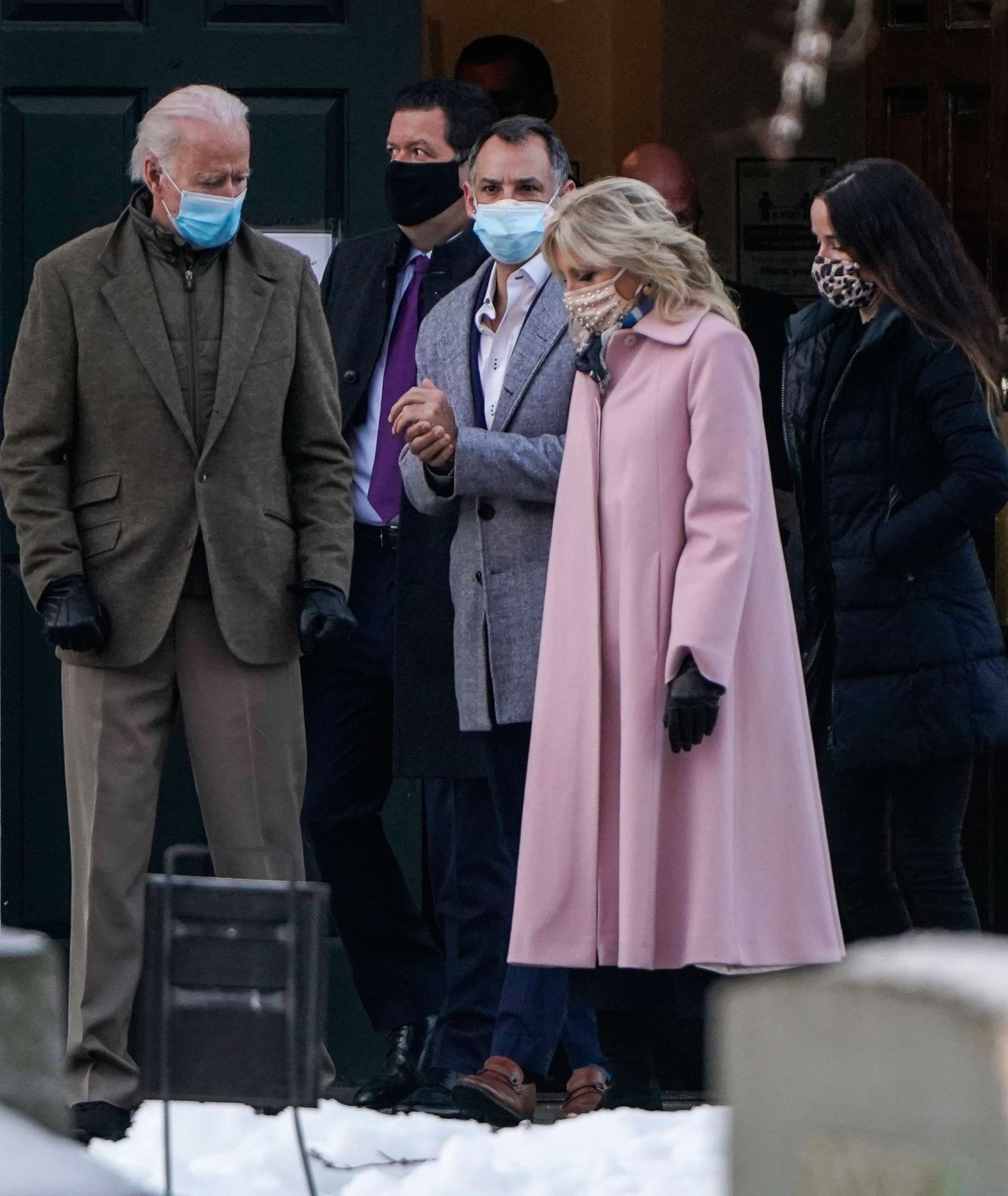 PHOTO: President-elect Joe Biden departs after a church service with first lady Jill Biden, his son-in-law Howard Krein, center, and daughter Ashley Biden, right, at St. Joseph on the Brandywine on Dec. 18, 2020 in Wilmington, Del.