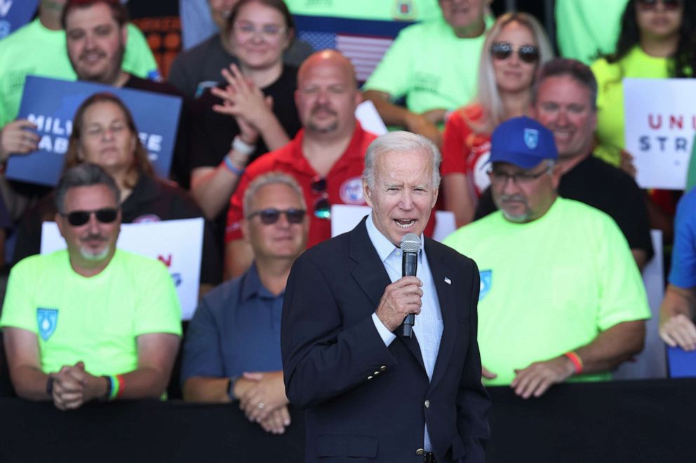 PHOTO: President Joe Biden speaks to a gathering of union workers at Laborfest on Sept. 5, 2022, in Milwaukee, Wisconsin.